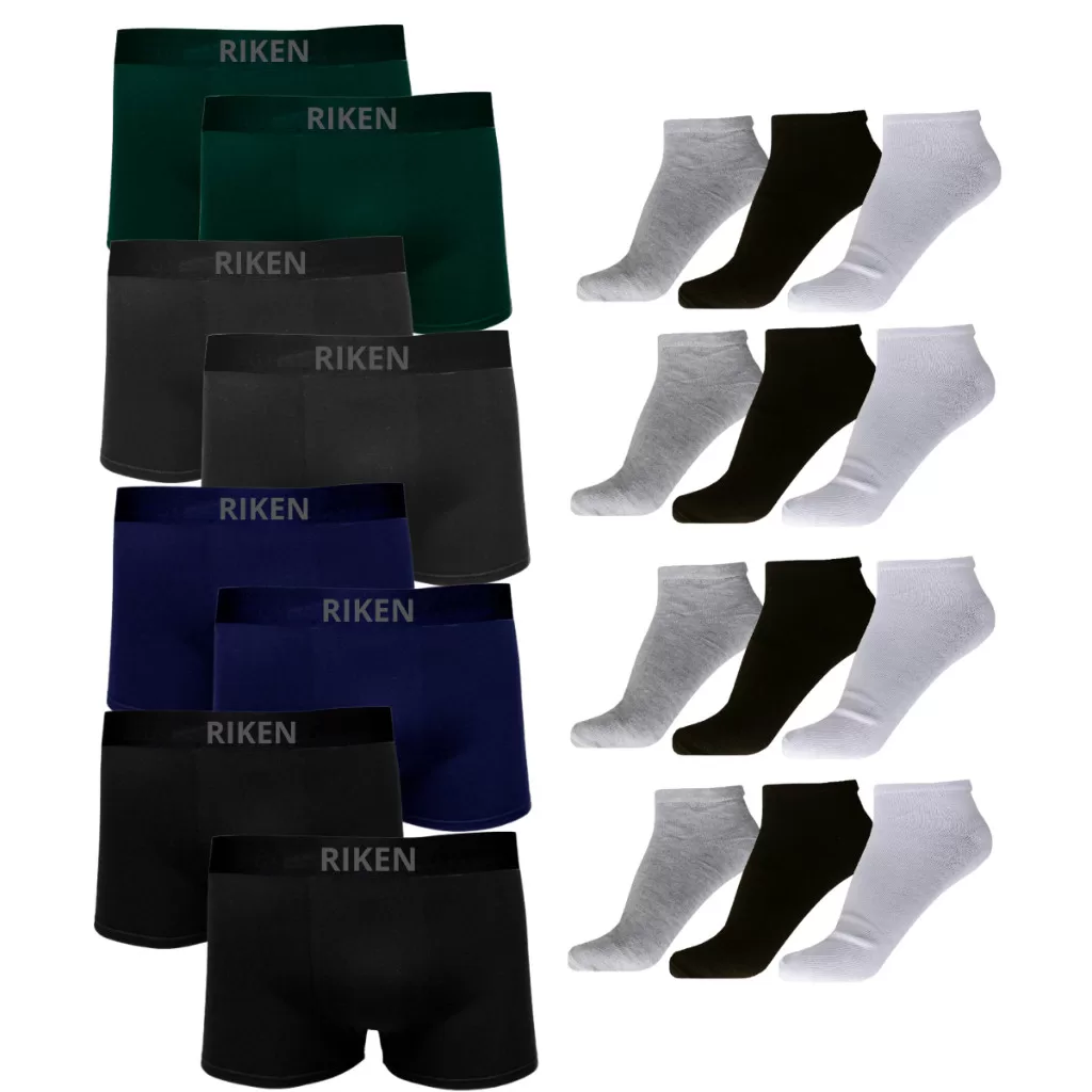 Kit 10 Cuecas Boxer Microfibra Adulto + 12 Pares Meias Algodão