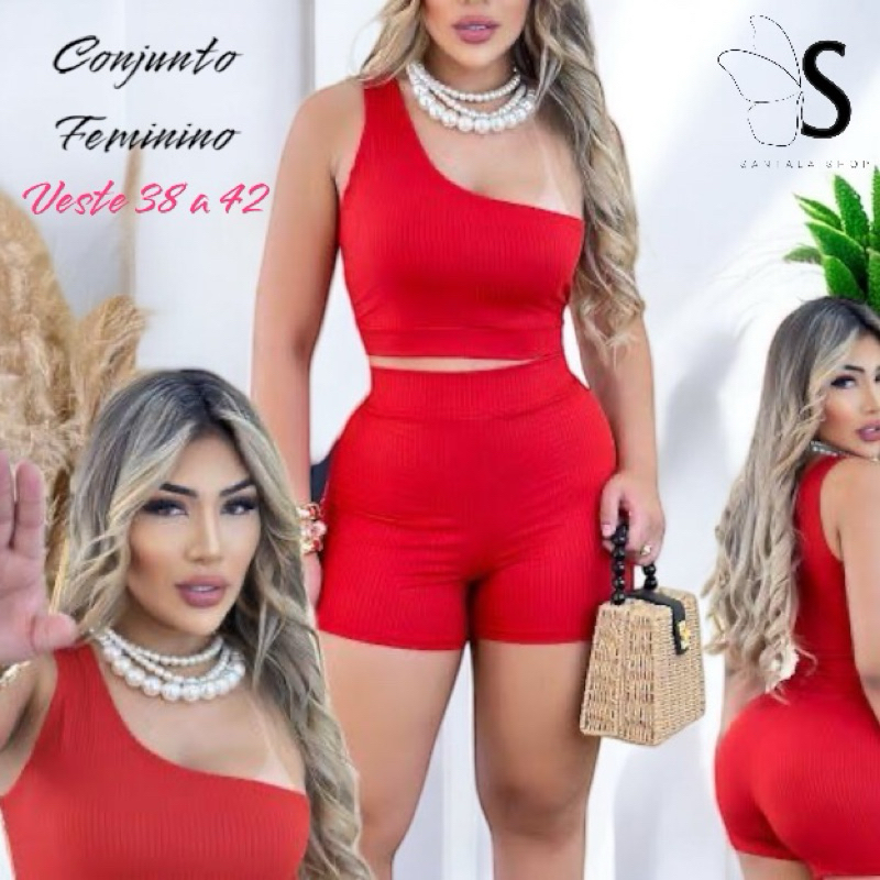 Conjunto Feminino Adulto Shorts Canelado+Blusa Um Obro só Verão 38 a 44