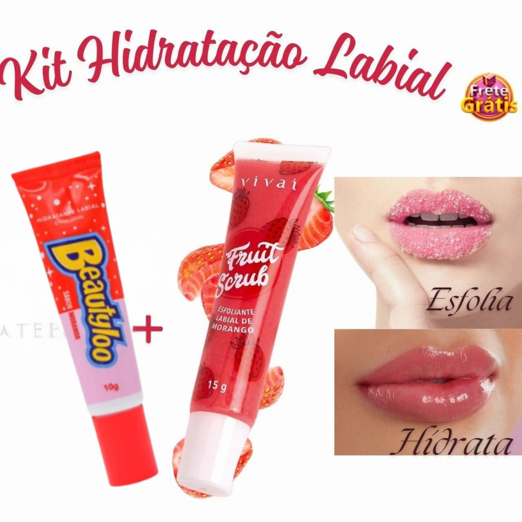 Conjunto Labial com Esfoliante e Lip Balm de Morango  Lábios Macios, Hidratados e Perfumados