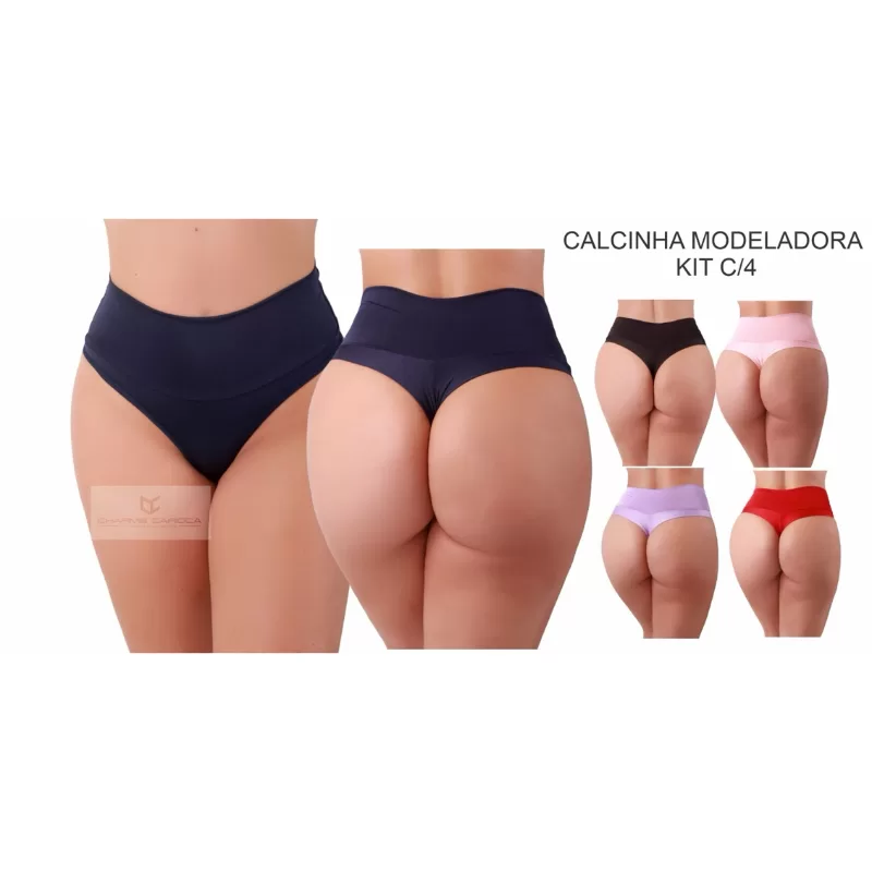 Kit 4 calcinha fio duplo modeladora cintura alta redutora de medidas seca barriga microfibra
