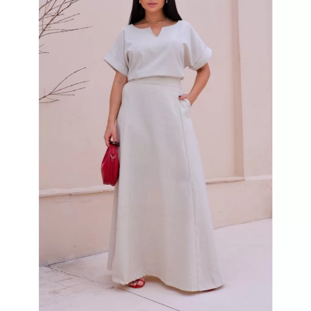 Conjunto De Linho Feminino De Blusa Básica Gola V Com Saia Longa Bolso Faca Ocasional E Evangélica