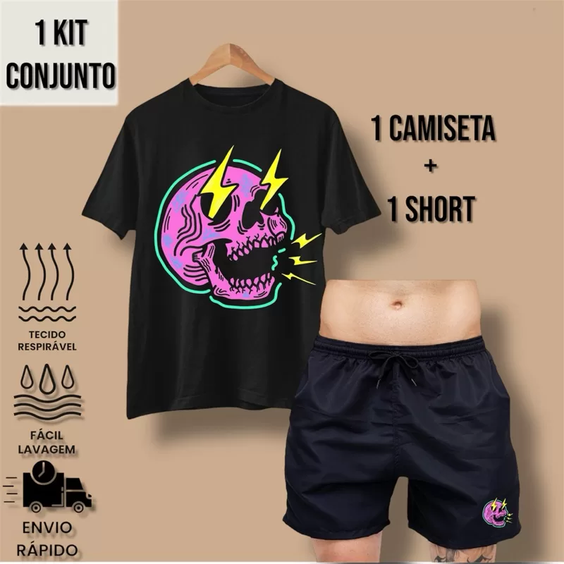 1 Kit Conjunto Camiseta Algodão Short Masculino Camisa Blusa Bermuda Mauricinho Caveira Preta Unisse