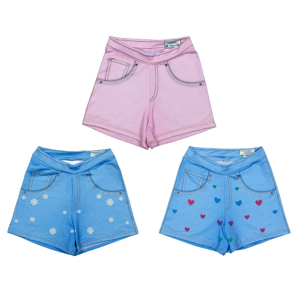Kit 3 Shorts Infantil Para Meninas Fake Jeans Confortável Sem Elástico