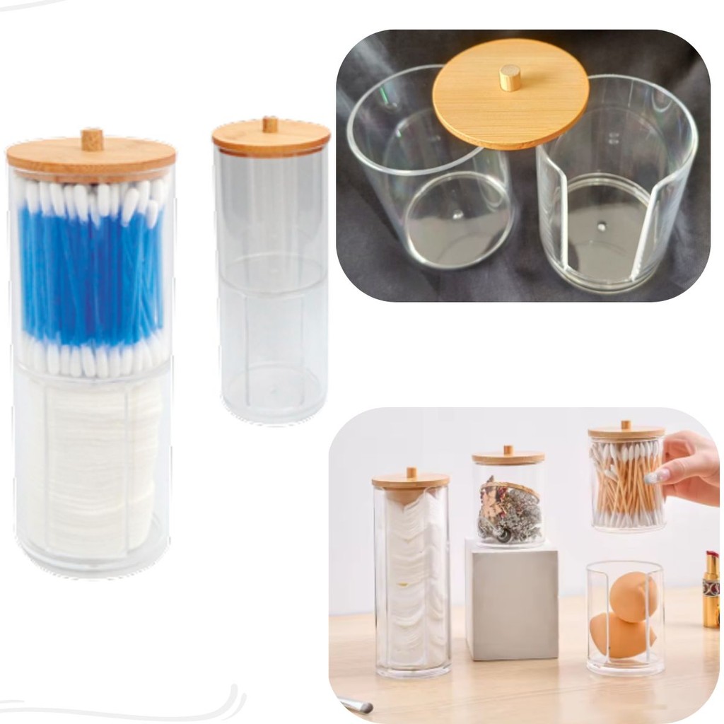 Porta Cotonetes Algodão Duplo Tampa Bambu Acrílico Multiuso