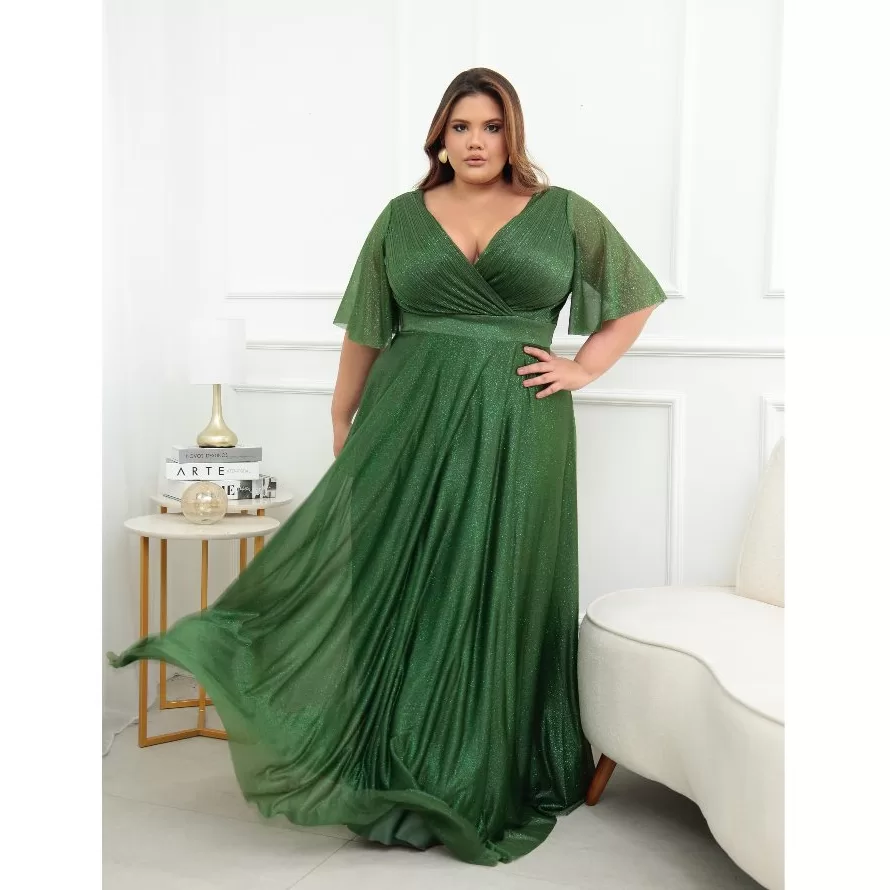 VESTIDO MADRINHA DE CASAMENTO DEBUTANTE FORMANDA PLUS FEMININA MANGA CURTA VERDE OLIVA