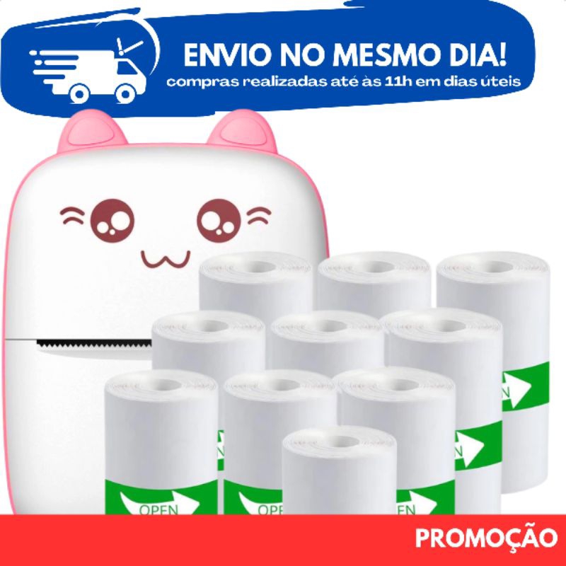 Mini Impressora Portátil Gatinho + Rolos Papel Adesivo Continuo Termico ou Comum