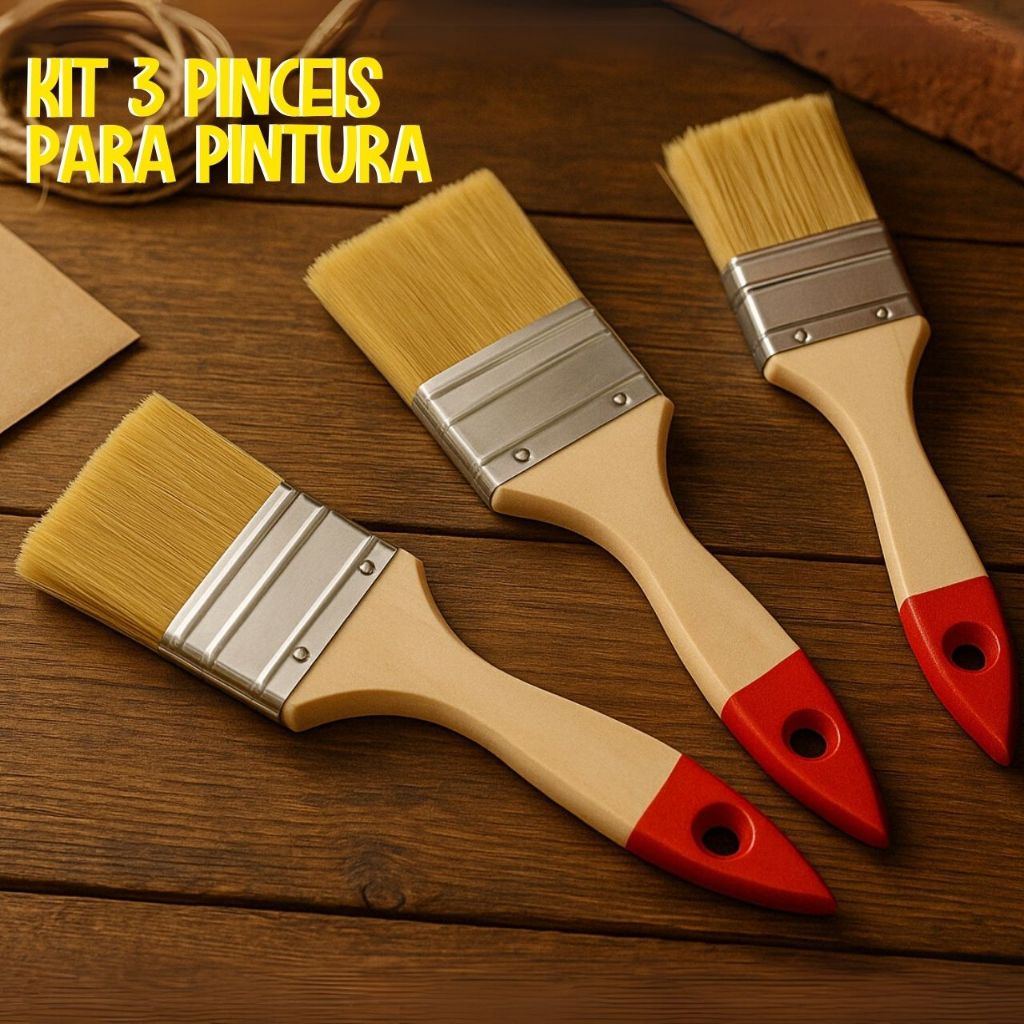 Kit 3 Pincéis Pintura Madeira Fibra Sintática Resistente Confortável Durabilidade Versátil