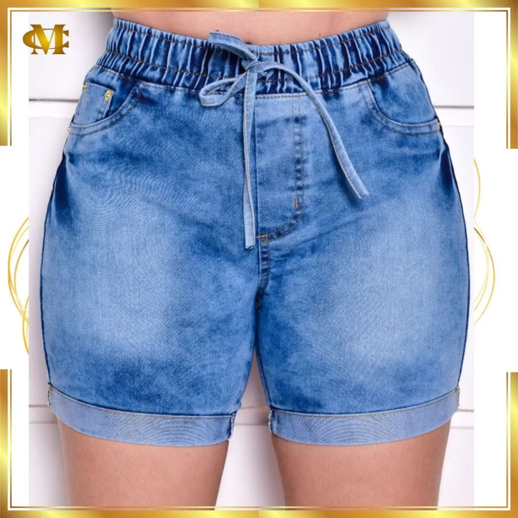 Bermuda jeans Feminino Meia Coxa Cintura Alta Zero Transparência com lycra