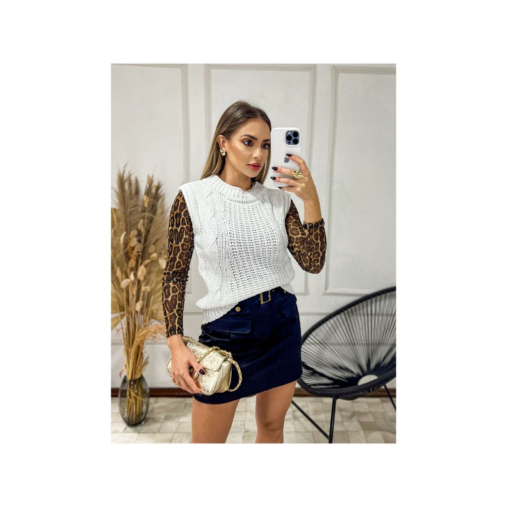 Colete Feminino Tricô Inverno Regata Sobreposição Mousse Trança Frente 36 ao 42  Faby Tricot