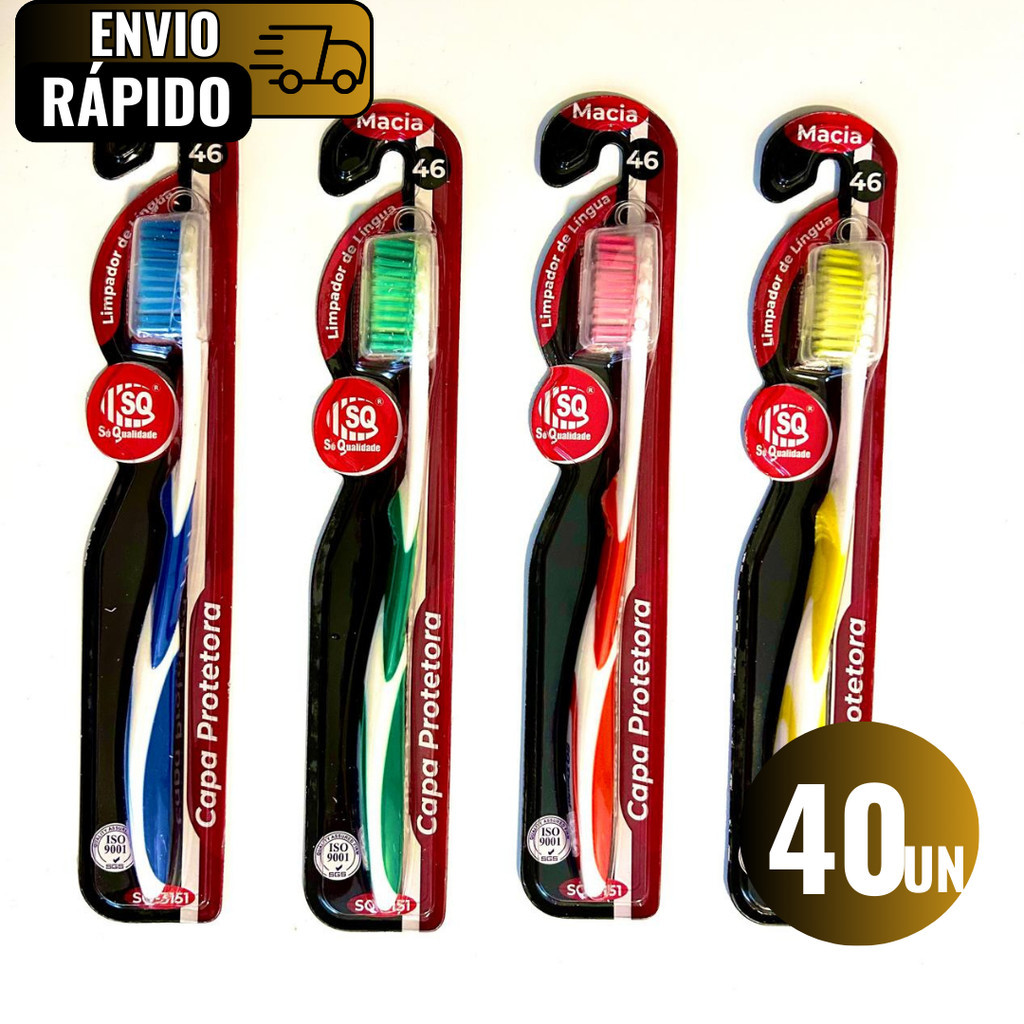 Conjunto 40 Escovas De Dentes Com Limpador De Lingua 46 Cerdas Macia Capa Protetora Alta Qualidade
