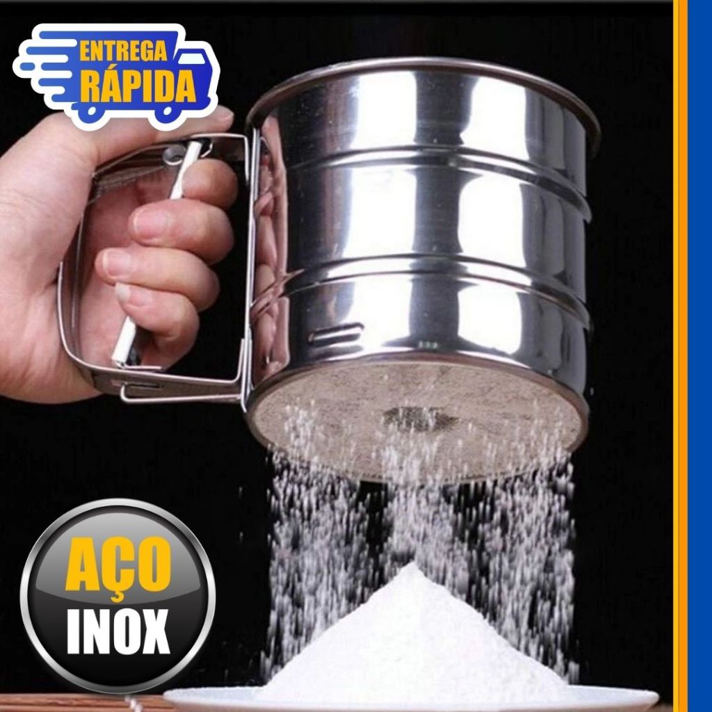 Polvilhador Peneira Caneca de farinha inox com gatilho 10x5x9 cm