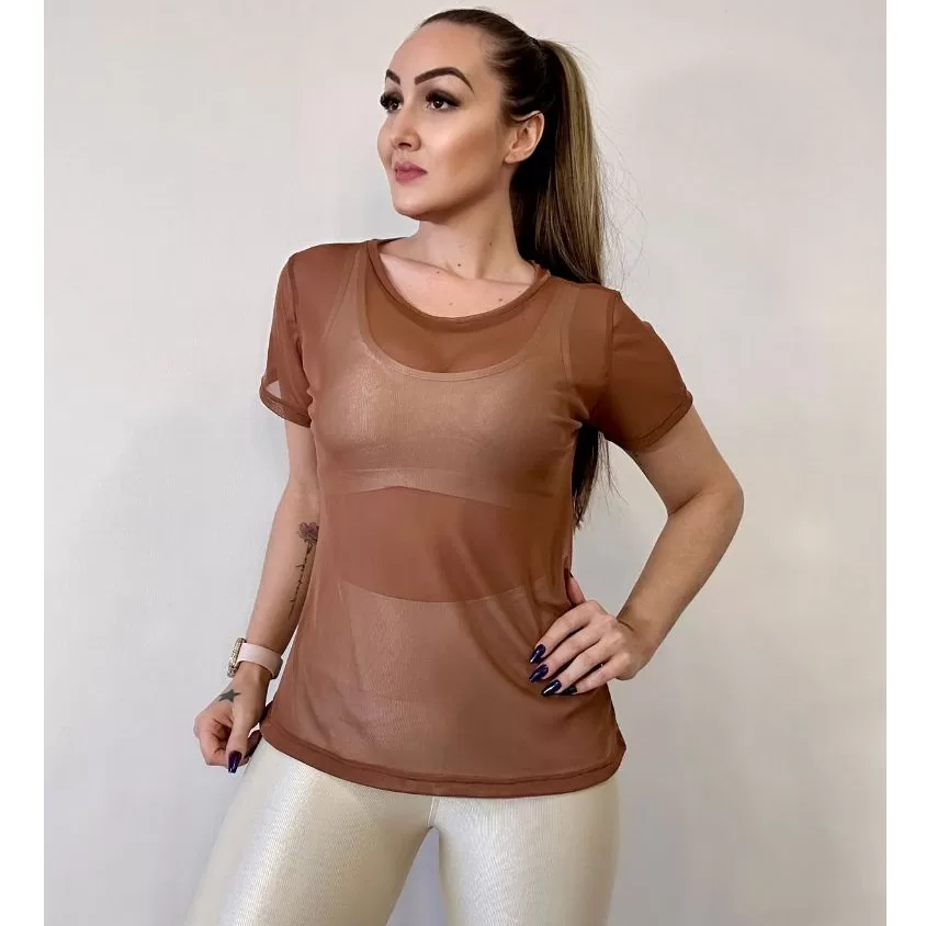Blusa Feminina Tule Transparente De Academia Fitness Camisão Fitness