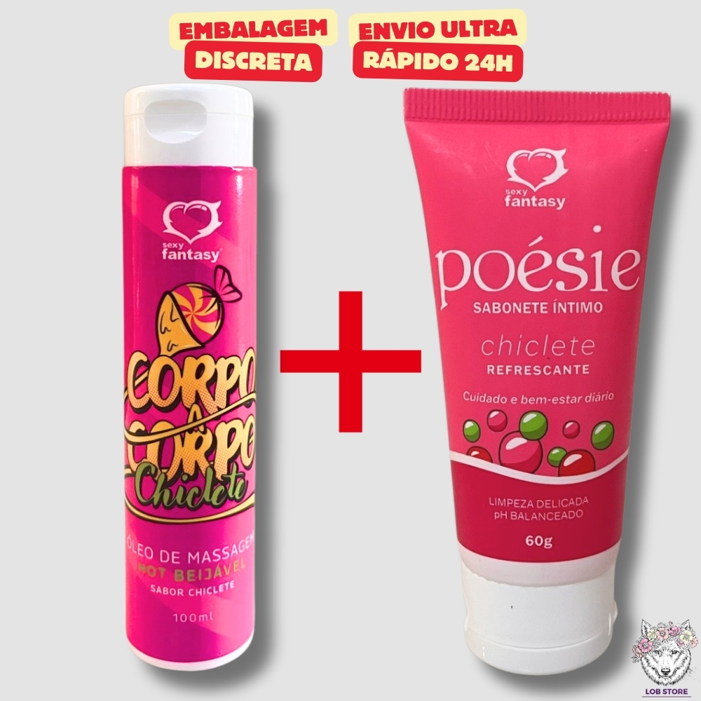 Kit Sabonete Intimo Poésie Chiclete 60g + Óleo de Massagem Hot Beijável Chiclete 100ml Sexy Fantasy
