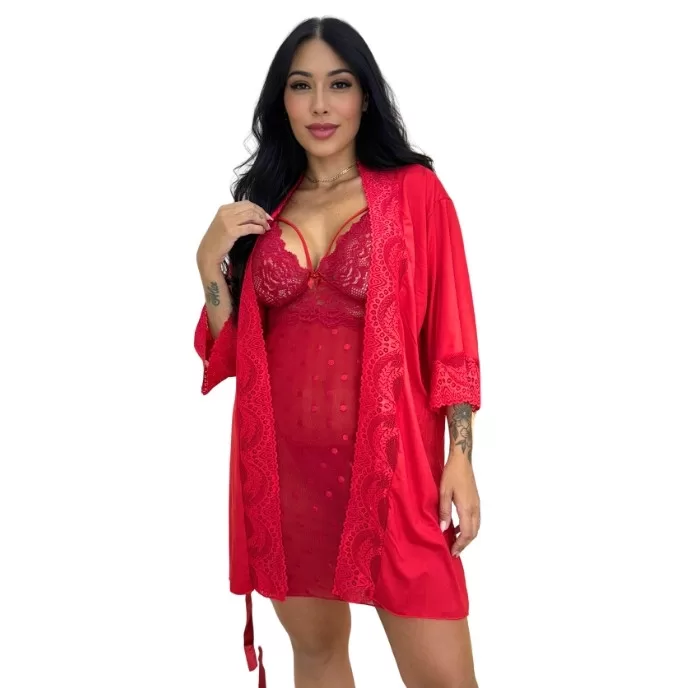 Kit Robe Camisola Sensual Renda Luxo Lingerie Femi