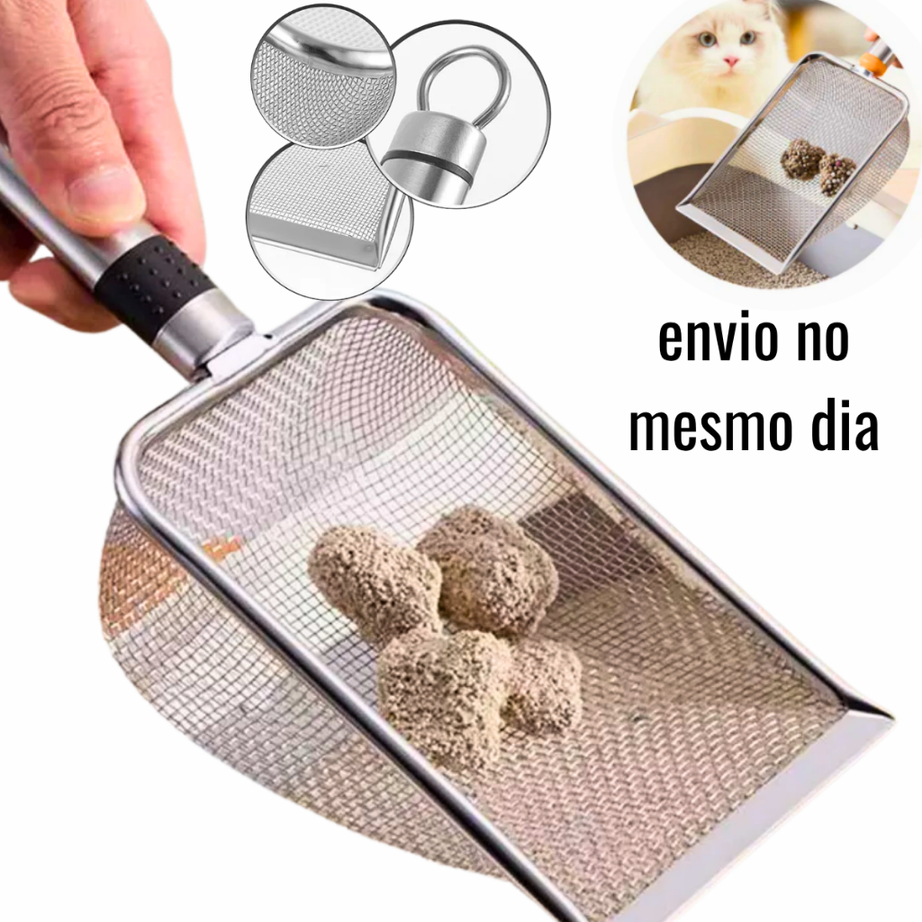 Pá Prática Higiênica Limpeza De Areia para Gatos Animais de Estimação Peneira Coletora Aço Inox