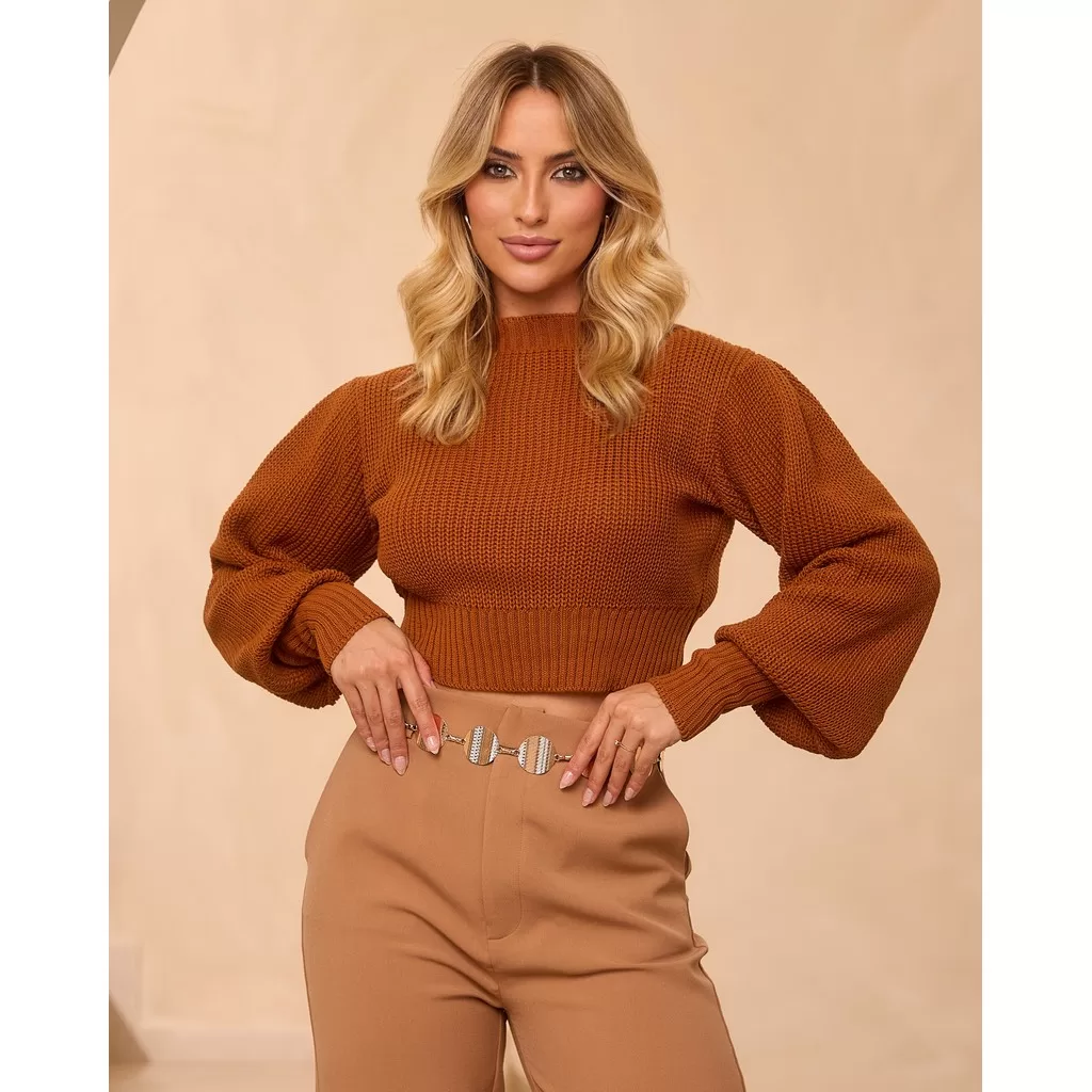Blusa Cropped Feminina Manga Longa Bufante Tricot Básica