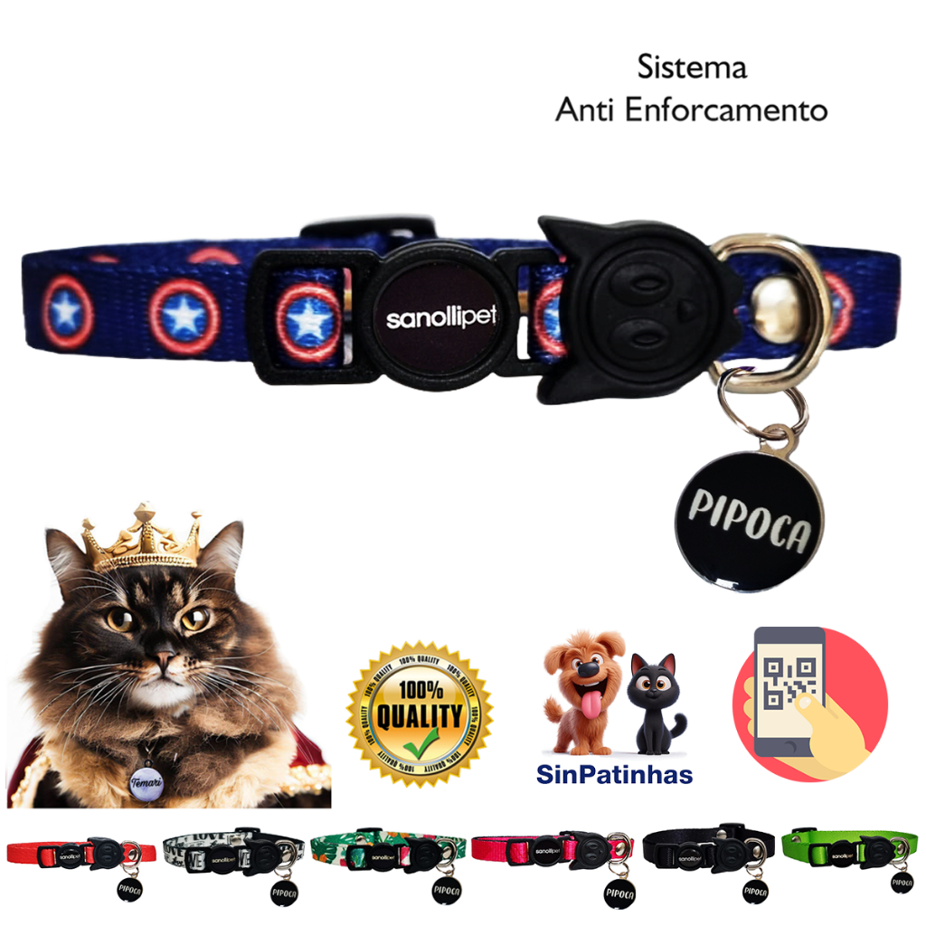 Coleira De Gato Mais Plaquinha Identificação Qr Code SinPatinhas Com Nome E Telefone CapCat Luxo