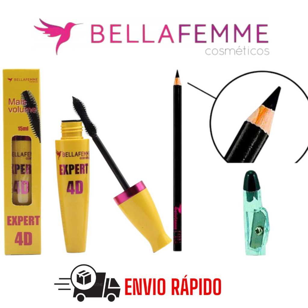 Kit Máscara de Cílios Rímel Preto 4D Expert + Lápis de Olho Bella Femme com apontador Preto Maquiage