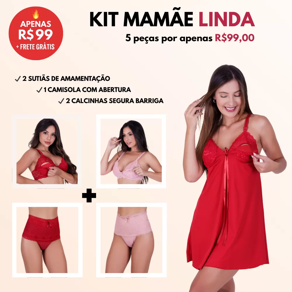 Kit Amamentação Completo 5 Peças | 2 Sutiãs + 2 Calcinhas + Camisola Pós-Parto | Enxoval Maternidade