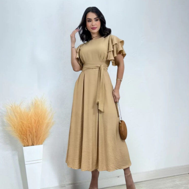 vestido mídi manga babado
