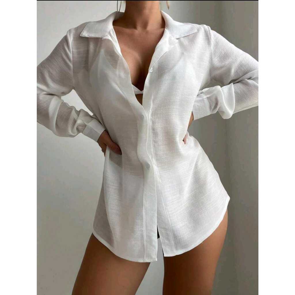 Chamise Saída de Praia Feminino com Botão Max Camisão Manga Longa Blusão Plus Size Kimono Camisa Fem