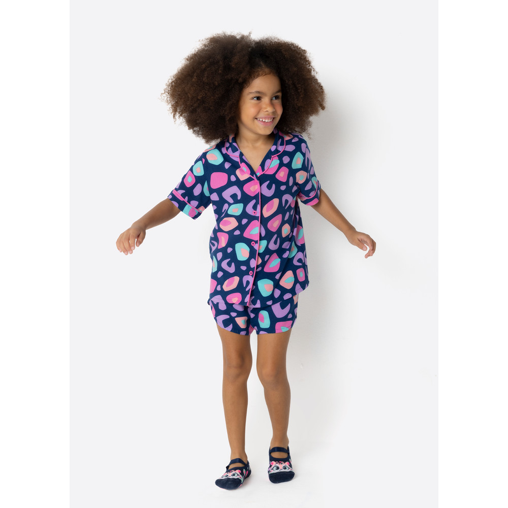 Pijama Infantil Feminino Blusa Manga Curta e Shorts Viscose Menina 2 Peças Onça Puket