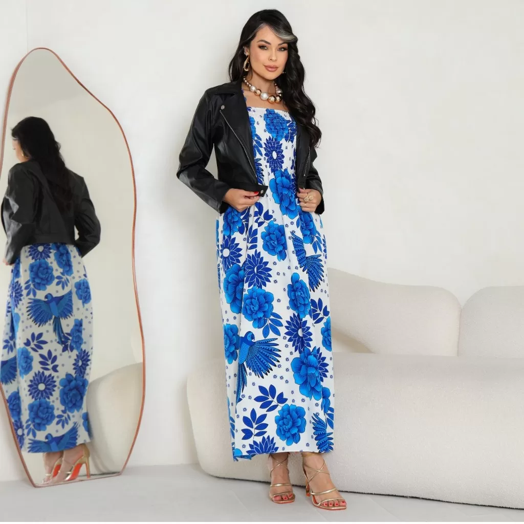 Conjunto de Vestido Longo femenino  Estampa  Estilo Fram com Jaqueta de Couro