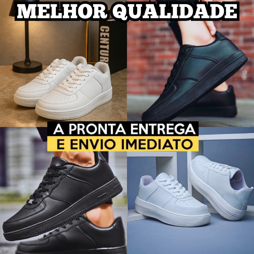 Kit 2 Tênis Branco Preto Masculino Feminino Casual Confortável Super Oferta Promoção Envio Imediato