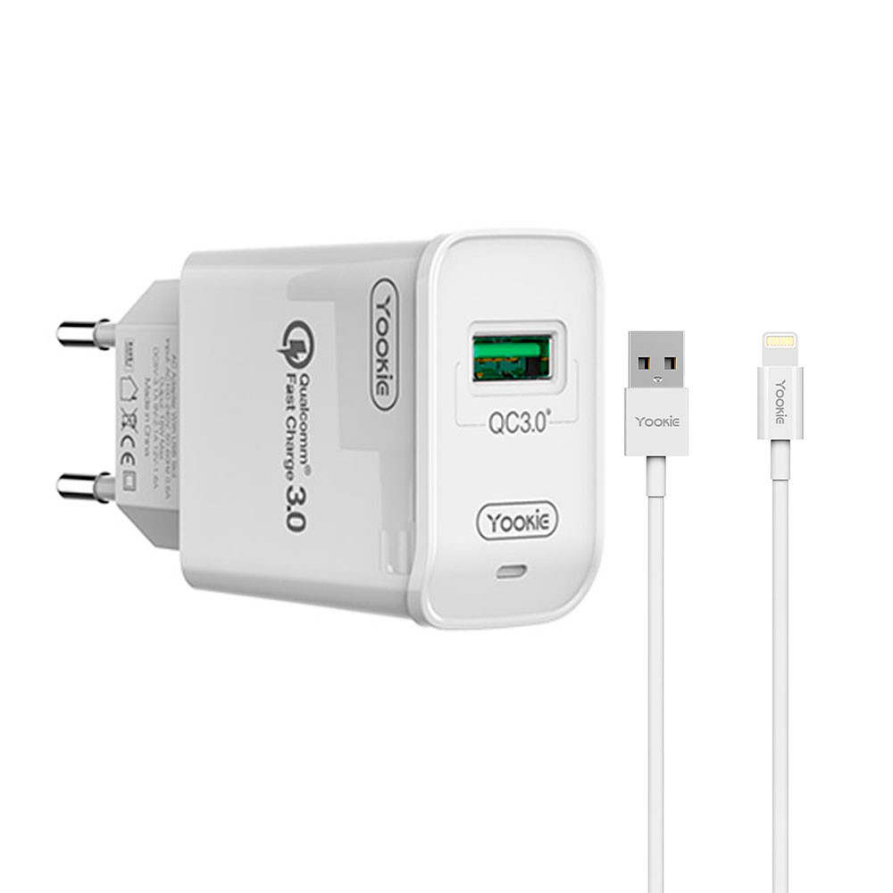 Carregador Yookie KI22 – 18W – Cabo USB Lightning – Bivolt – Branco