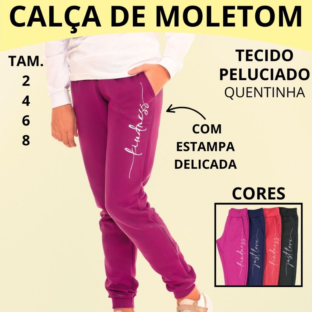 Calça Moletom Peluciado Tamanho  2 ao 8 com 2 Bolsos e Estampa Barra Punho em Ribana  3109-A