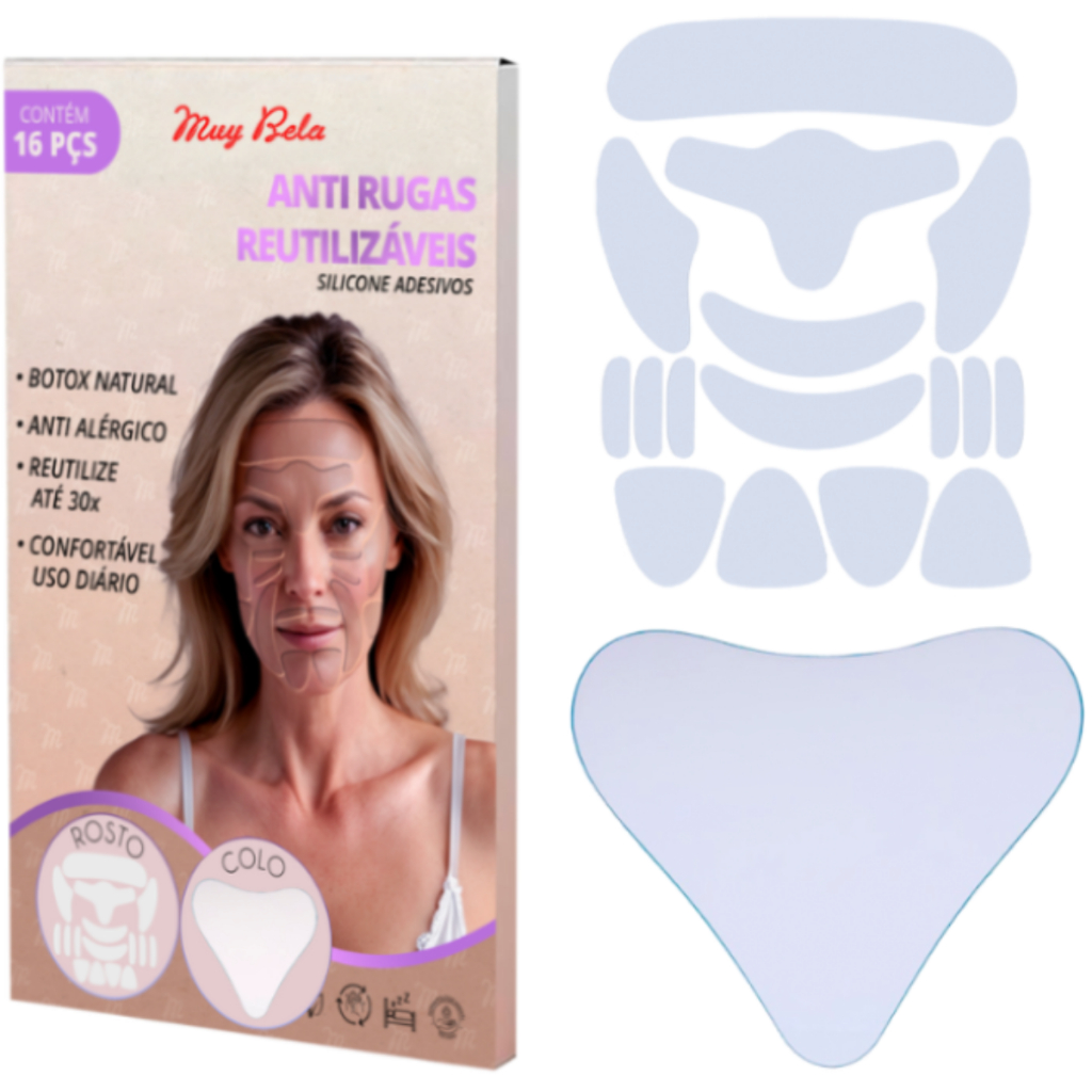 Kit 17 Adesivos Anti Rugas Silicone Reutilizáveis  Lifting Facial Skin Care Rosto Colo Original Envi