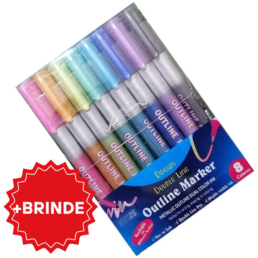 Estojo com 8 Canetinhas – Kit 3 – Kit 2 – Kit 1 – Contorno Metalizado Linha Dupla  8 Cores para colo