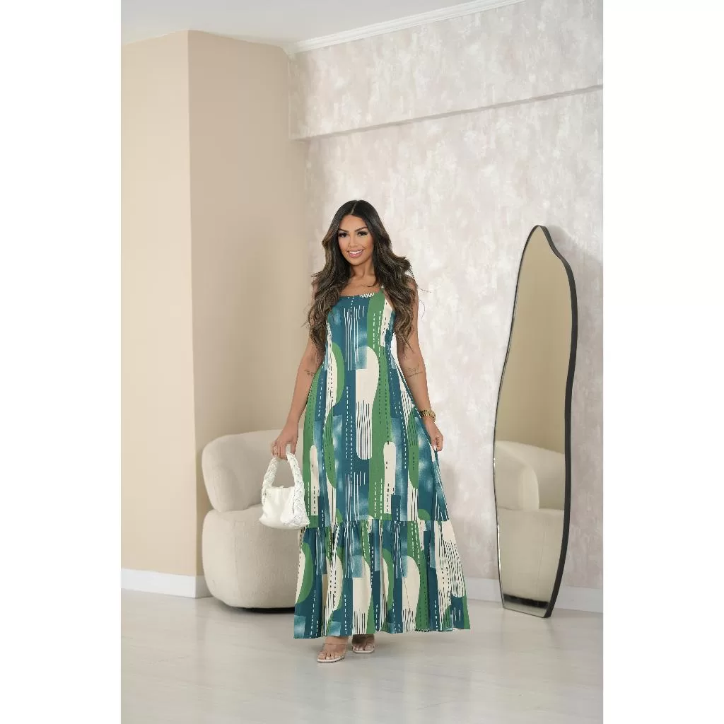 Vestido Feminino Longo Estampado com Alça Regular e Lastex nas Costas Casual e Elegante