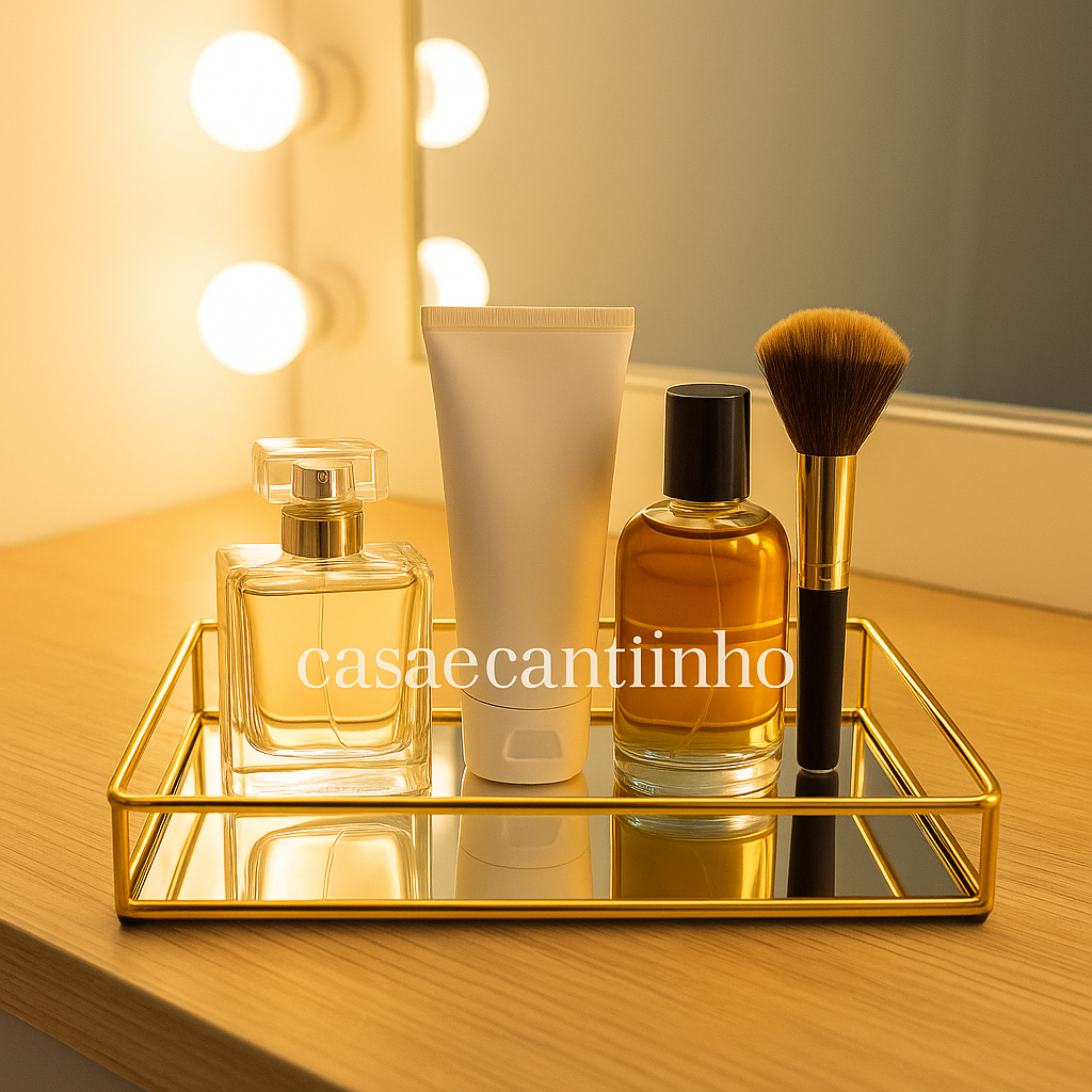 Bandeja Decorativa Espelhada Multiuso Retangular ou Redonda Porta Maquiagem ou Perfume Dourada