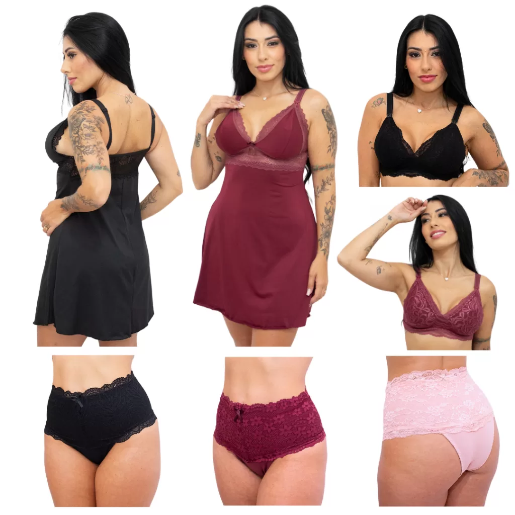 Kit Amamentação 2 Camisola + 2 Sutiã + 3 Calcinha Pós Parto Roupas Para Gestante Lactantes Conjunto