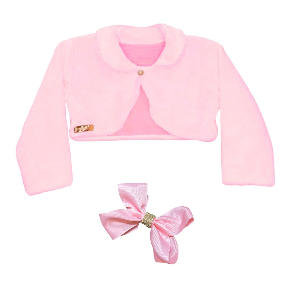 Bolero Casaco Casaquinho Com Laço Rosa Infantil Pelo Plush Festa Menina