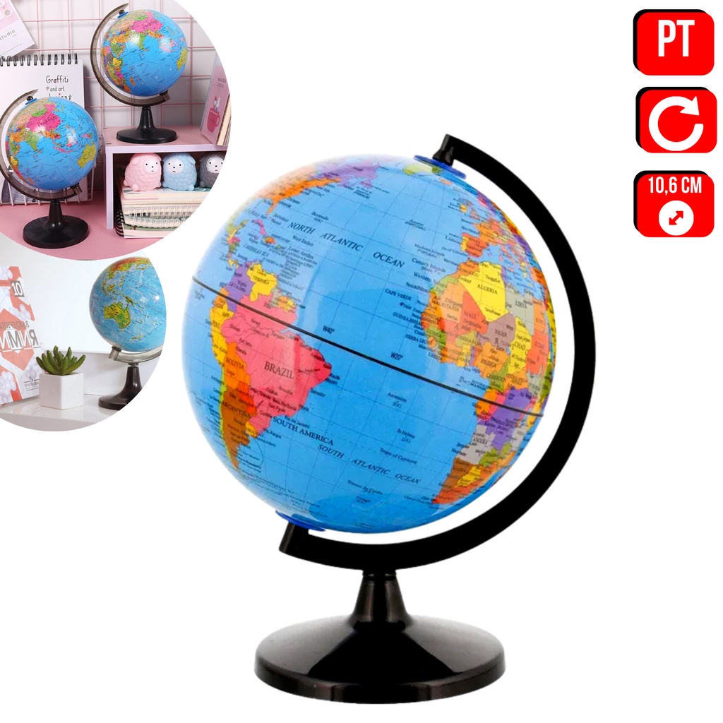 Globo Terrestre De Mesa Mapa Mundi Giratório Enfeite De Mesa Prateleira Estudos Pequeno 16 Cm