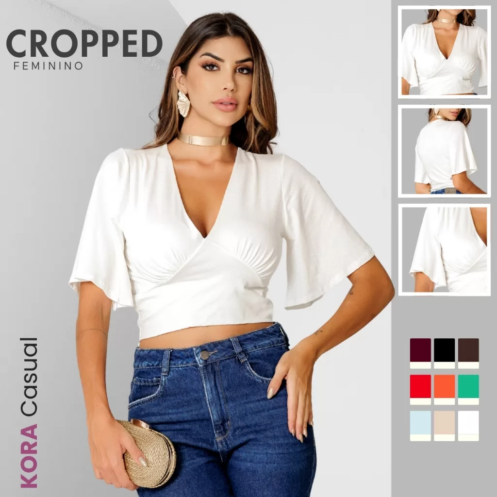 Blusa Cropped Feminino Decote V Manga Ampla Malha Premium Afina Cintura P ao G