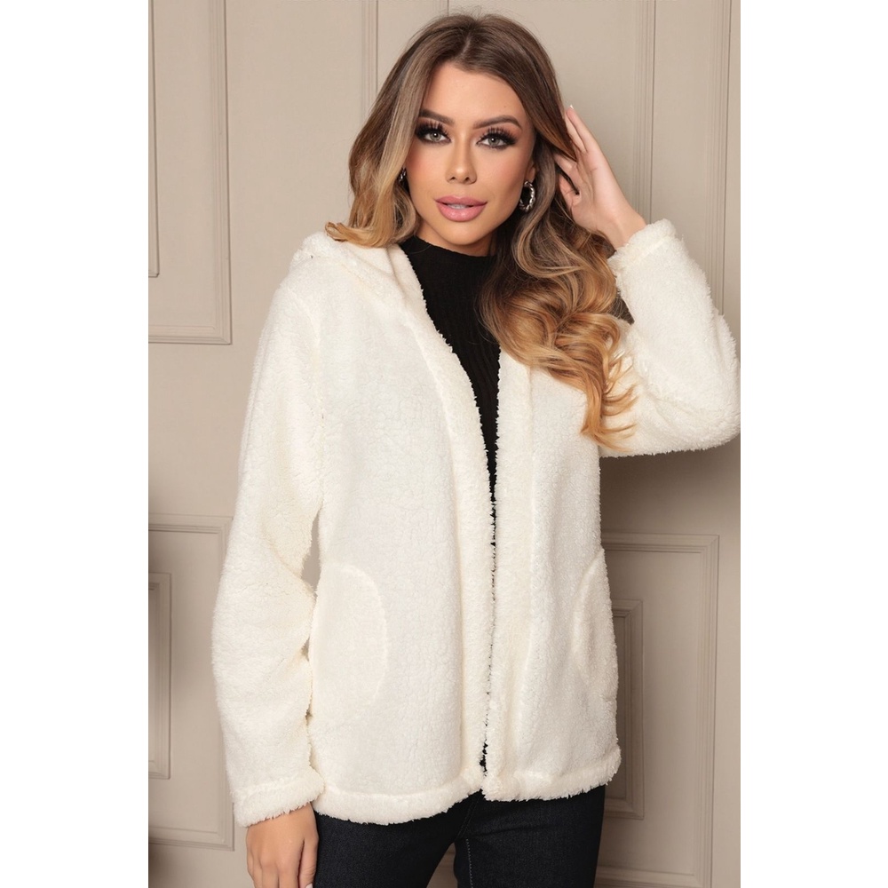 Casaco Teddy Pelinho Pelúcia com Capuz Branco