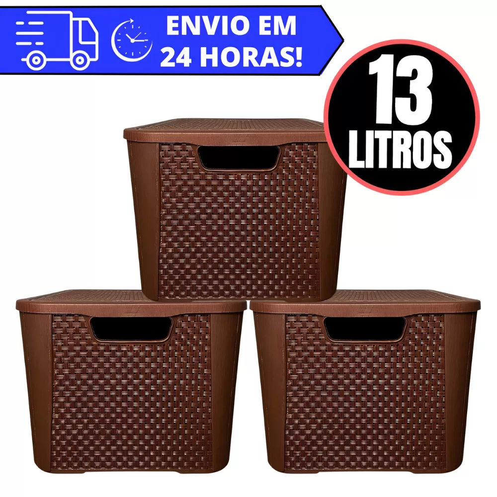 Kit 3 Caixas Organizadora Rattan REFORÇADA 13 LITROS – MARROM