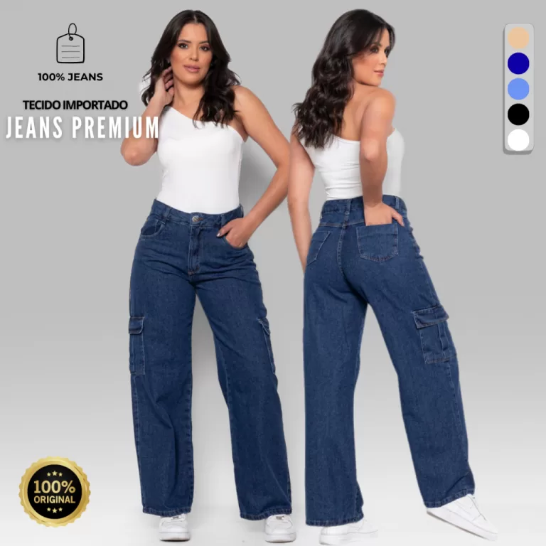 Calça Jeans Feminina Wide Leg Com Bolso Lateral C