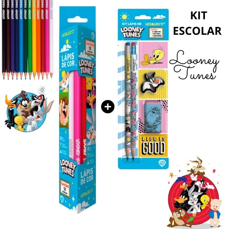Kit Escolar Looney Tunes Lápis de Cor 12 cores com Lápis Borracha e Apontador