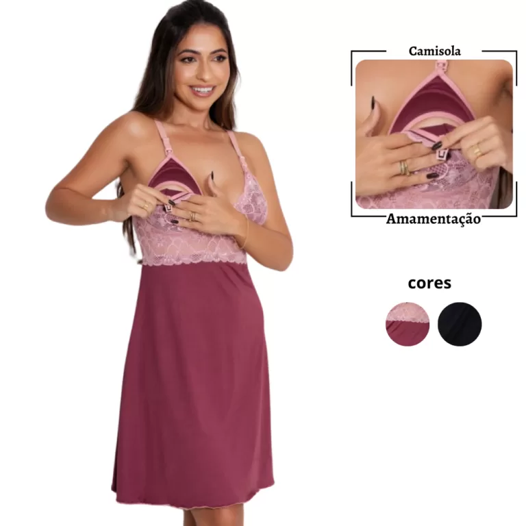 Camisola amamentação sem bojo em renda e microfi