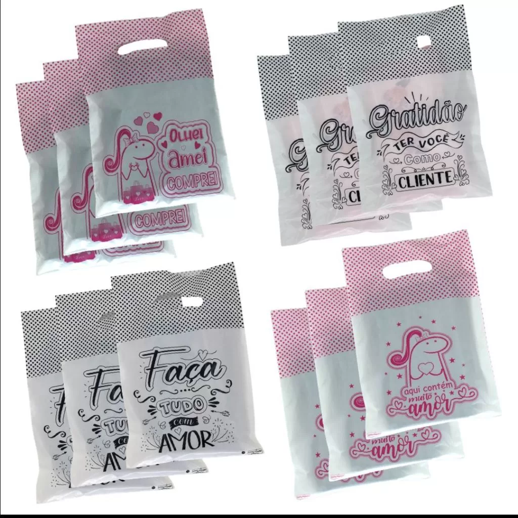 50 Sacolas Boca de Palhaço 30X39cm com frases Embalagem para presente Sacolas para lojas