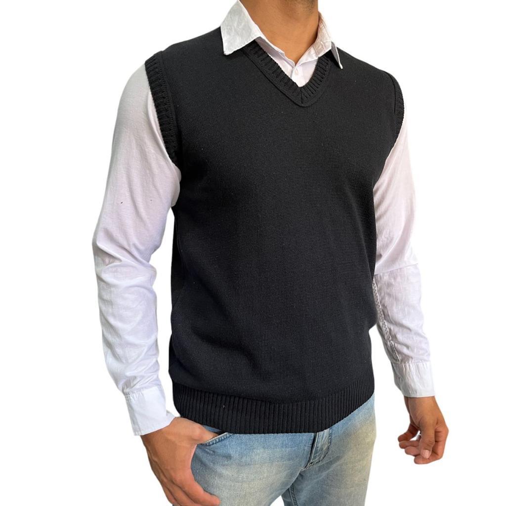 Colete Masculino Tricô Liso Preto Alta Qualidade Social Casual Elegante Premium