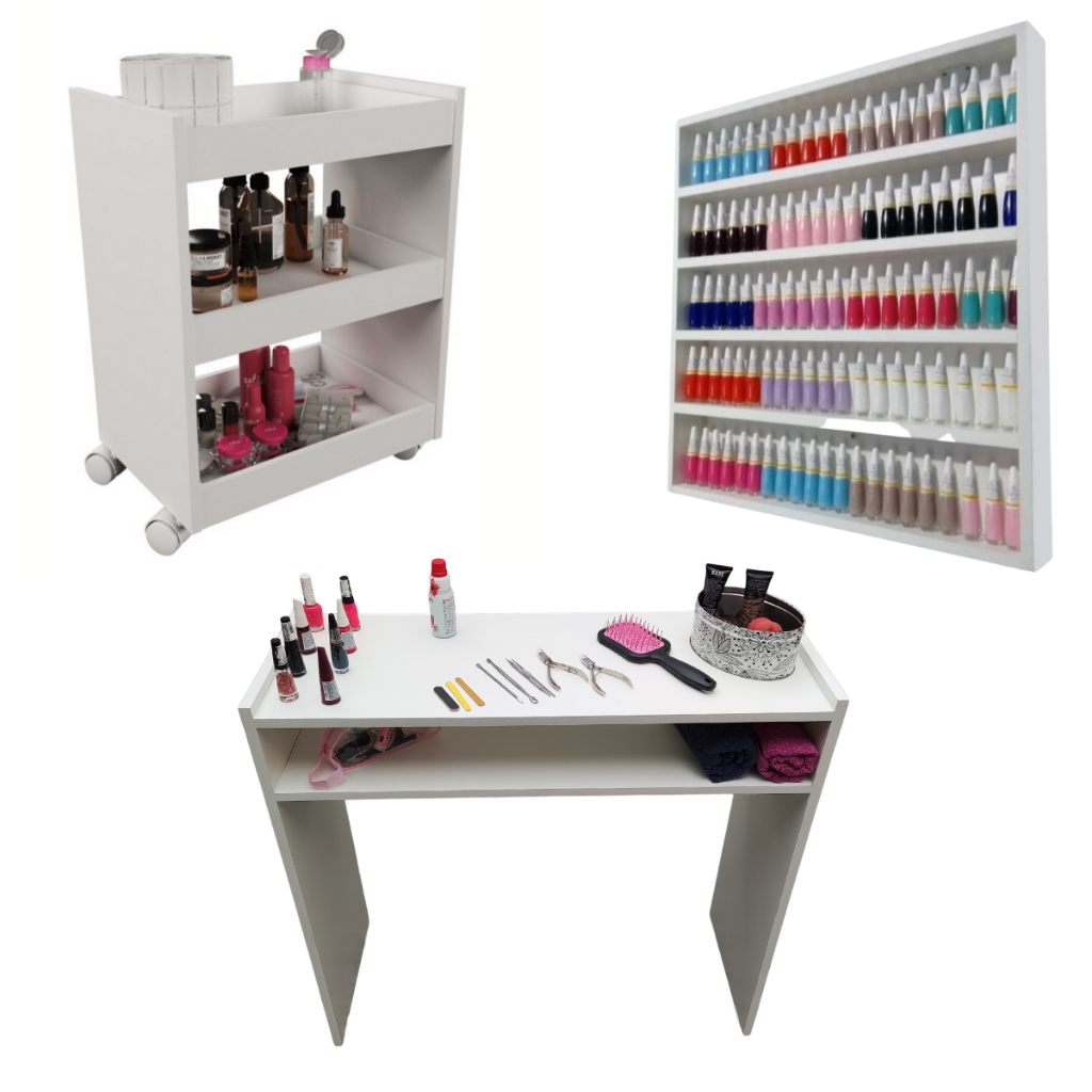 Kit Para Manicure Com Mesa + Prateleira de Esmaltes + Carrinho Auxiliar com 3 Bandejas e Rodinhas MD