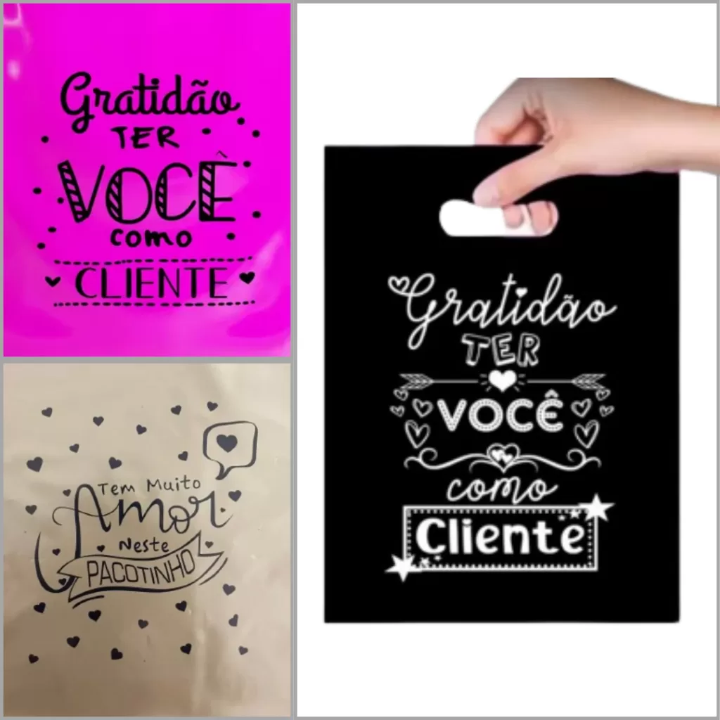 Kit Sacolas Personalizadas Plastico Frases Boca Vasada Palhaço 30×40 Gratidão e Outros 50 Unidades