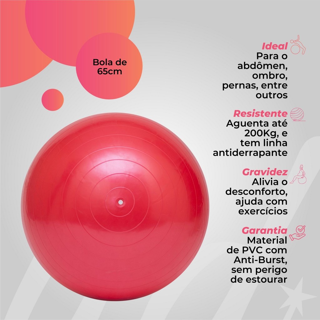 Bola para Pilates 65cm Yoga Fisioterapia Exercícios Alongamento Fitness Academia Cores Variadas Ague