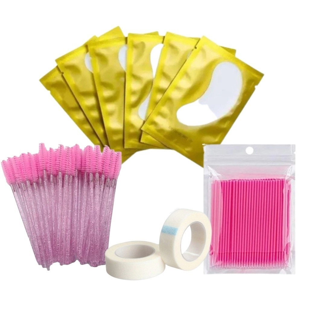 Kit pra Alongamento De Cílios – 50 Escovinhas + 50 Pads + 100 Microbrush + 2 Fitas Colorida