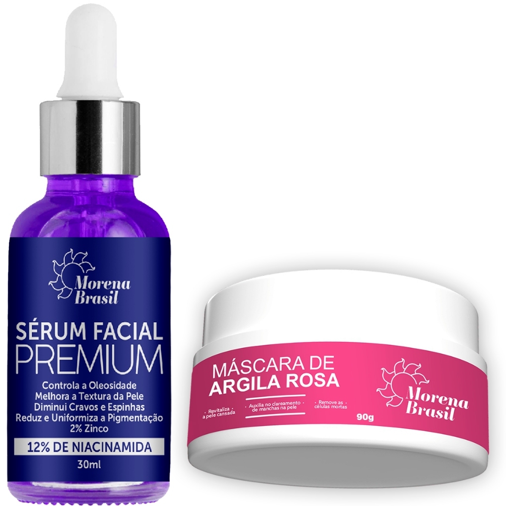 Kit Sérum Facial Niacinamida + Máscara Argila Rosa | Redução de Acne, Oleosidade e Manchas